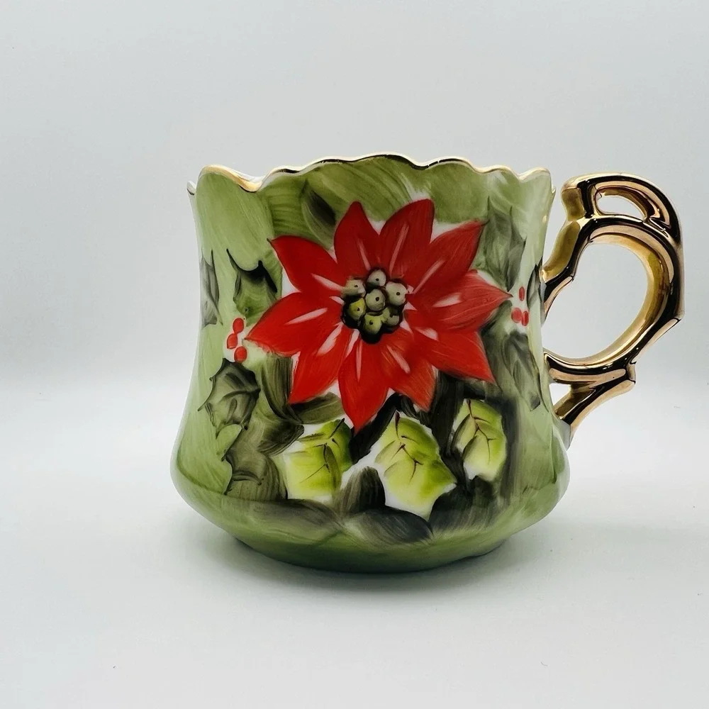 Lefton China Poinsettia Teacup Saucer Hand Painted Holiday Christmas Green Gold